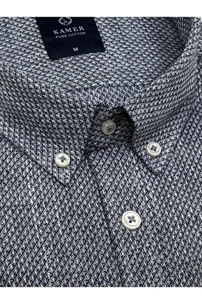 KAMER ERKEK REGULAR FIT UZUN KOL %100 PAMUK DÜĞMELİ YAKA DESENLİ FÜME GÖMLEK 3807F