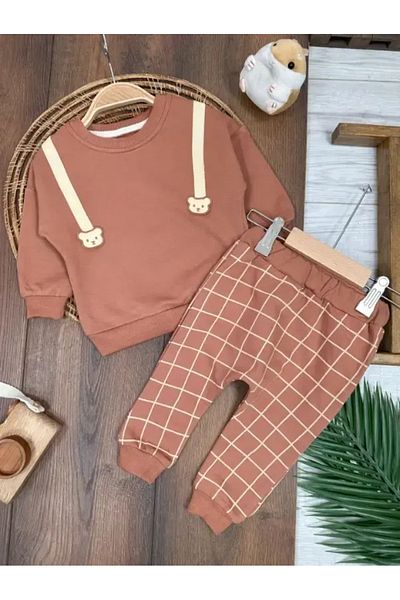 Kids Kingdom Seasonal Teddy Bear Detailed Plaid Pattern Crew Neck Baby Boy Suit