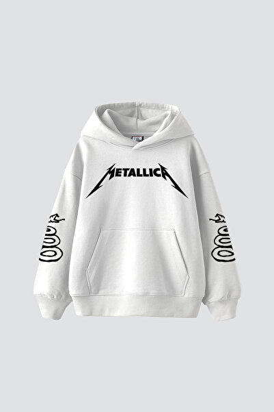 Sekizbiraltı Металика Тур 1985 Принт Овърсайз Унисекс Бяла Качулка