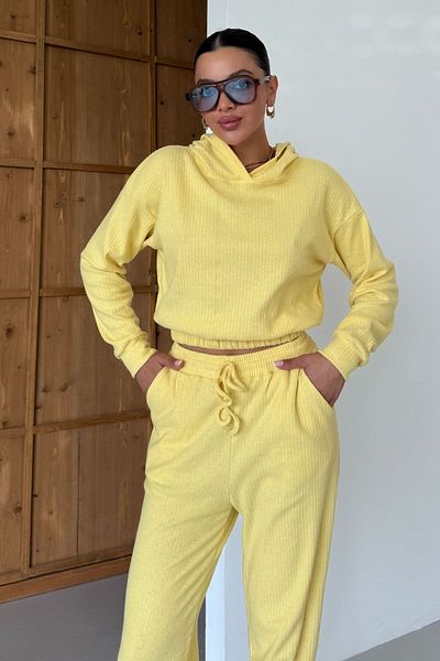 MODAGEN Women's Yellow Hooded Elastic Waist Crop Pants Bottom-Top Set