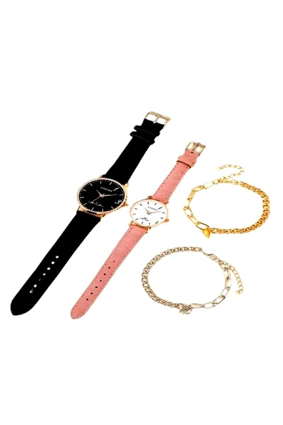 CADVAN - Set watches with quartz, black strap, pink strap, two magnetic bracelets 19 cm