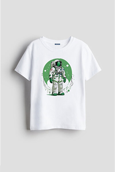 Darkia تي شيرت للأطفال مطبوع عليه تصميم رائد الفضاء باللونين الأخضر والأبيض