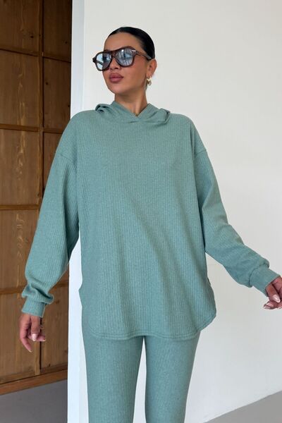 MODAGEN Women's Mint Green Hooded Ribbed Bottom-Top Leggings Interlock Suit