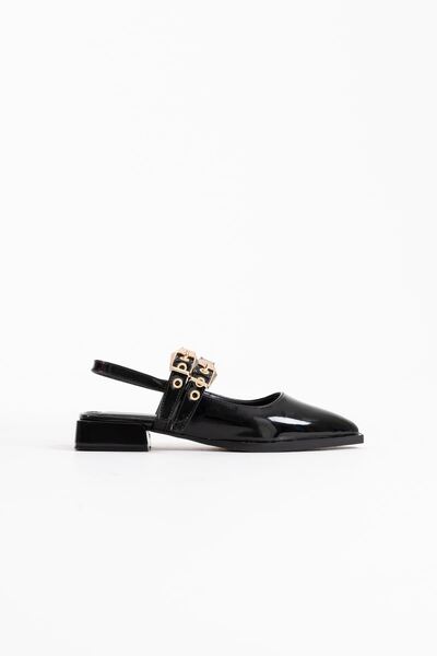 EMOYRA Blues Black Patent Leather Belt Detailed Women's Heeled Shoes