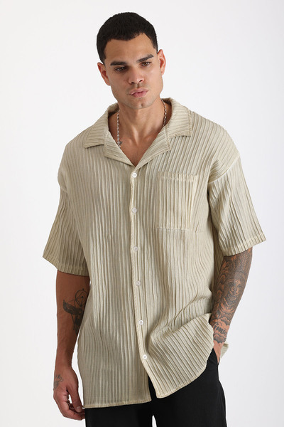 EGHO Thick Braided Twill Fabric with Tumbled Effect Apaş Collar Men's Short Sleeve Shirt
