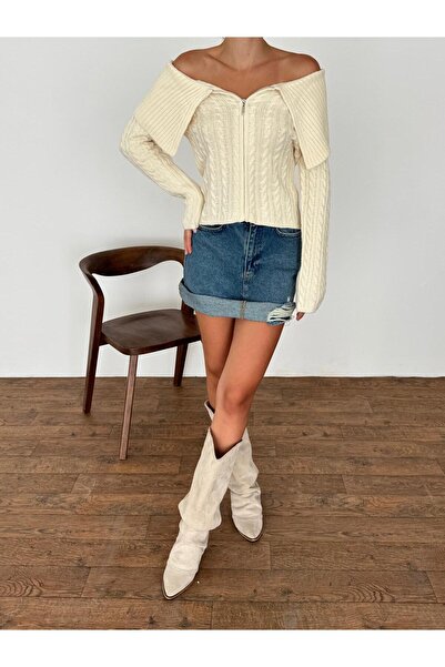 yeditepe fashion سترة ذات ياقة مفتوحة وسحاب باللون البيج