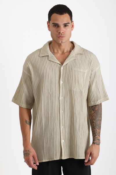 EGHO Thick Braided Twill Fabric with Tumbled Effect Apaş Collar Men's Short Sleeve Shirt