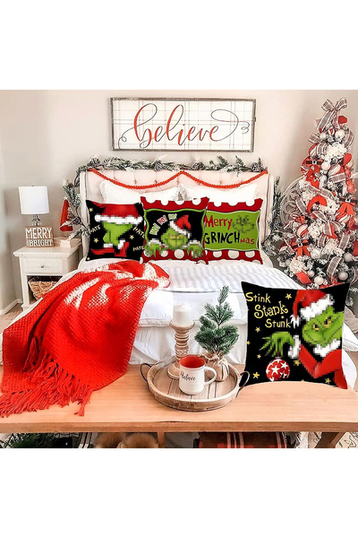 OEM Fețe de pernă decorative 45x45 cm, set de 4 piese, model Grinch