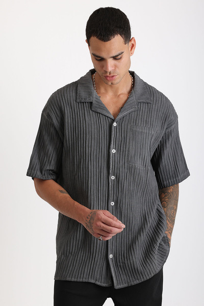 EGHO Thick Braided Twill Fabric with Tumbled Effect Apaş Collar Men's Short Sleeve Shirt