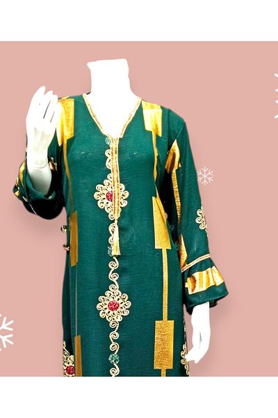 SERENE Comfortable embroidered jalabiya with a luxurious belt tie, decorated with lavish embroidery and colorful geometric shapes. Elegant design.