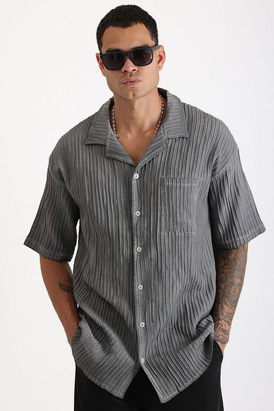EGHO Thick Braided Twill Fabric with Tumbled Effect Apaş Collar Men's Short Sleeve Shirt