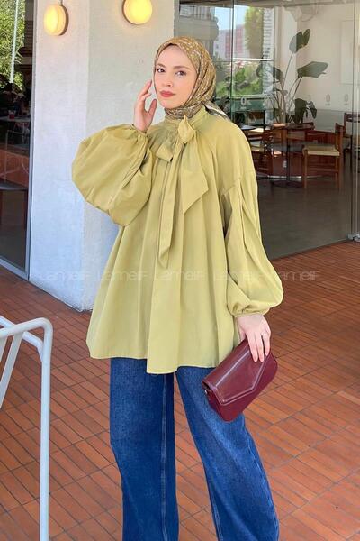 lamelif Collar Scarf Detailed Shirt Fat Green