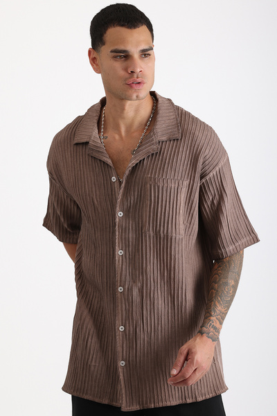 EGHO Thick Braided Twill Fabric with Tumbled Effect Apaş Collar Men's Short Sleeve Shirt