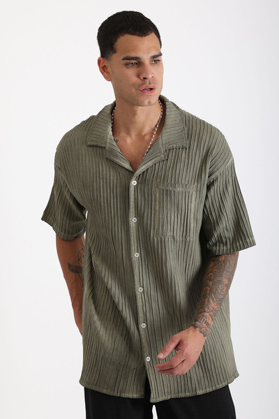 EGHO Thick Braided Twill Fabric with Tumbled Effect Apaş Collar Men's Short Sleeve Shirt