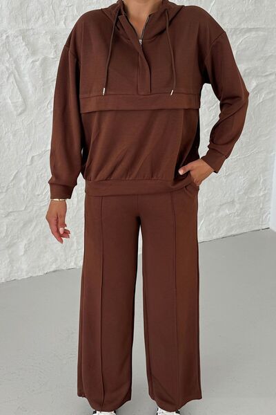 MODAGEN Women's Brown Hooded V-Neck Half Zip Kangaroo Pocket Bottom-Top Set