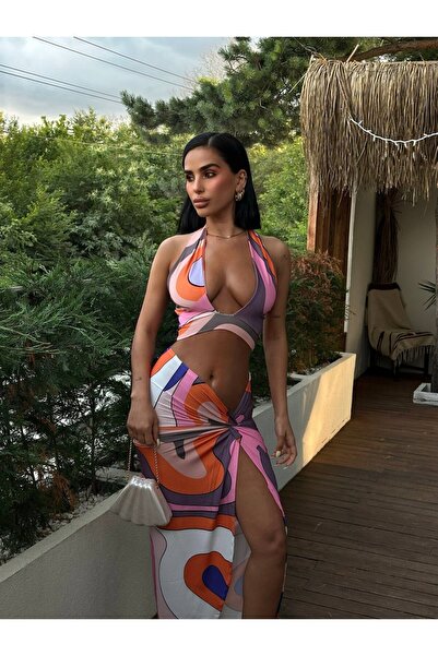 Miss بدلة مزدوجة مطبوعة رقمية بفتحة عميقة