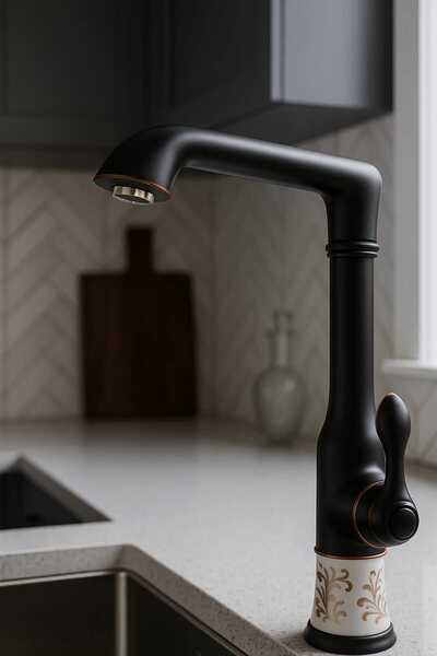 RUDİS Matte Black Ceramic Detailled Kitchen Faucet - Pattern Detailled