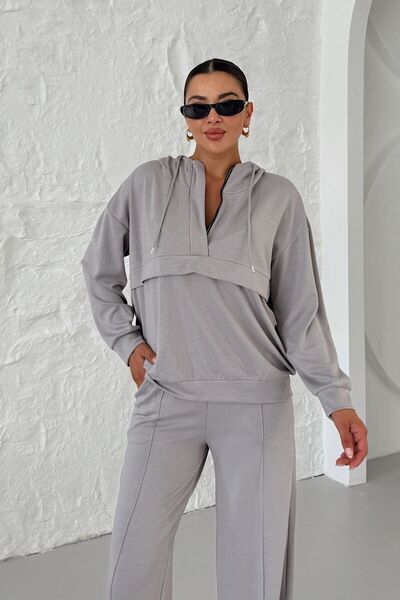 MODAGEN Women's Gray Hooded V-Neck Half Zip Kangaroo Pocket Bottom-Top Set