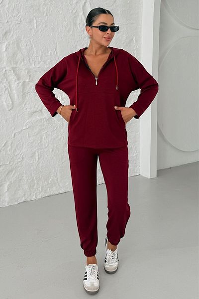 MODAGEN Women's Burgundy Hooded Half Zip Kangaroo Pocket Bottom-Top Set