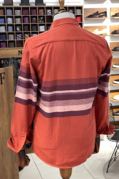 NAZEF Slim Fit Hidden Button Collar Side Striped Cotton Shirt