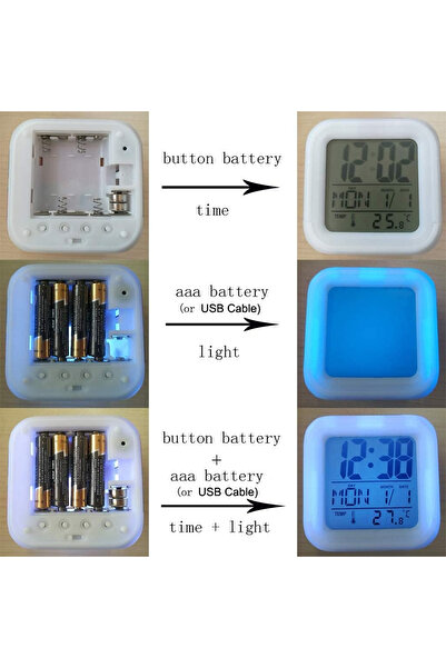OEM Ceas mic 7,8x7,8 cm, cub, cu alarmă, iluminare LED cu 7 moduri, alimentare prin USB sau baterie