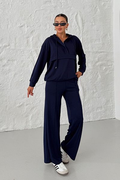 MODAGEN Women's Navy Blue Hooded V-Neck Half Zip Kangaroo Pocket Bottom-Top Set