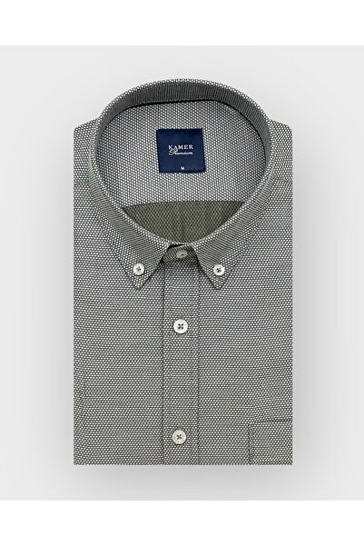 KAMER Men's Regular Fit Long Sleeve Button Collar Patterned Beige Shirt 3790E