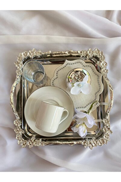 Z&B FLOWERS Söz Tepsisi Gümüş 22 cm Tepsi Nişan Tepsisi Damat Kahvesi Söz