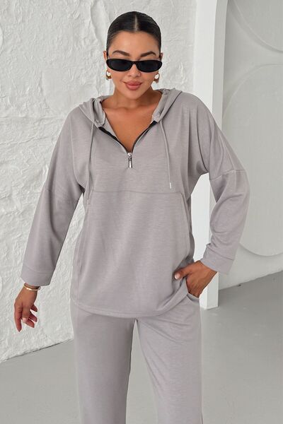 MODAGEN Women's Gray Hooded Half Zip Kangaroo Pocket Bottom-Top Set