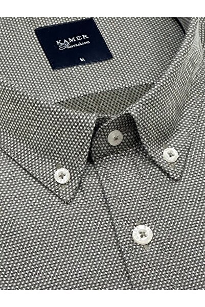 KAMER Men's Regular Fit Long Sleeve Button Collar Patterned Beige Shirt 3790E