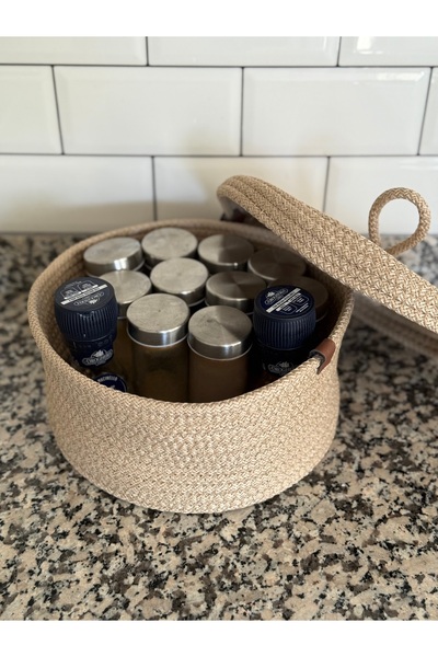 SİMEREV HALI HOME CONSEPT Beige Covered Basket Multi-Purpose Basket Bathroom and Kitchen Organizer Bread Potato Onion Pot Flower Pot