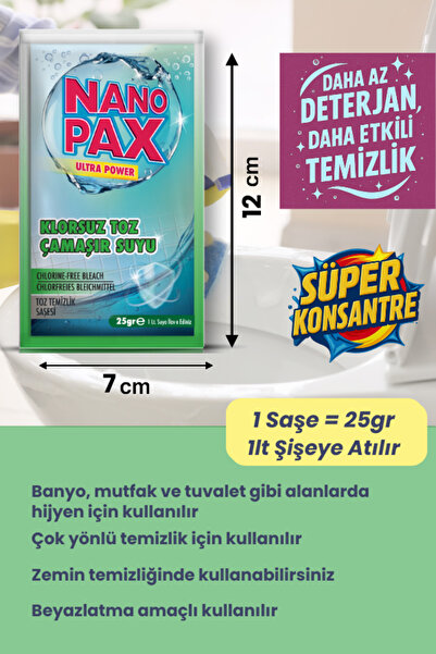 NanoPax KLORSUZ ÇAMAŞIR SUYU TOZ TEMİZLİK SAŞESİ (12 adet X 25gr)