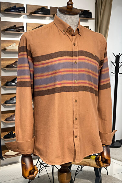 NAZEF Slim Fit Hidden Button Collar Side Striped Cotton Shirt