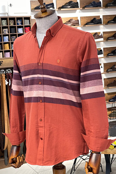 NAZEF Slim Fit Hidden Button Collar Side Striped Cotton Shirt