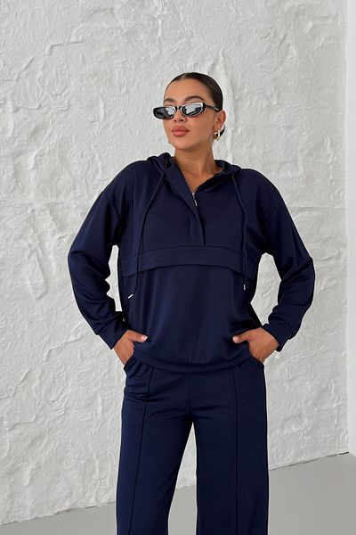 MODAGEN Women's Navy Blue Hooded V-Neck Half Zip Kangaroo Pocket Bottom-Top Set