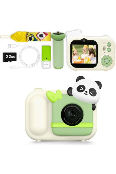 OEM Cameră digitală selfie Panda pentru copii, 1080P HD cu ecran de 2,5", cu trepied, card de 32G, cititor de carduri