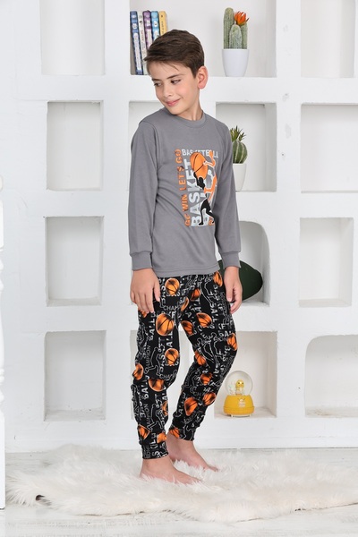 KAPİKİDS Long Sleeve Crew Neck Interlock Basketball Gray Color Boys Pajama Set