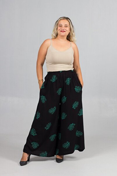 Truva XXL Plus Size Green Patterned Wide Leg Woven Viscose Trousers – High Waist, Elastic