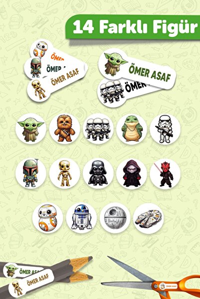 MSticker Okul Etiketi Kalem Defter isimli Etiket Isim Yazılabilen Star Warss - 190 Adet Özel Tasarım Etiket