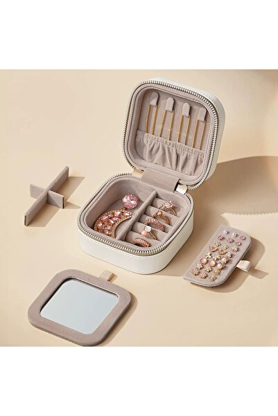 gaman Geantă compactă pentru bijuterii, cu fermoar, cu oglindă, cu mai multe compartimente, cu cusături albe