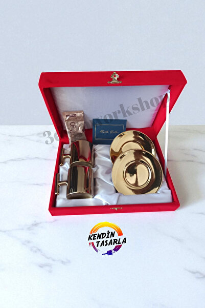 hediye Kişiye Özel Kadife Kutulu Gold Renk T Kulp Fincan Takımı 2li