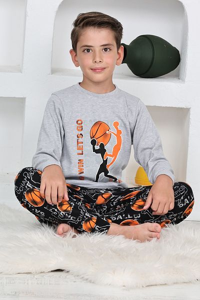 KAPİKİDS Long Sleeve Crew Neck Interlock Basketball Gray Melange Color Boys Pajama Set