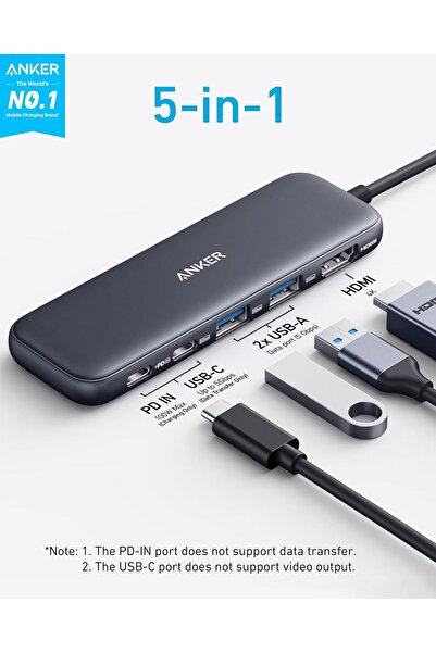 Anker موزع USB-C 332 (5 في 1)، مع منفذ HDMI بدقة 4K، ومنافذ بيانات بسرعة 5 جيجابت في الثانية، ومنافذ USB-A، ومتوافق مع MacBook Air