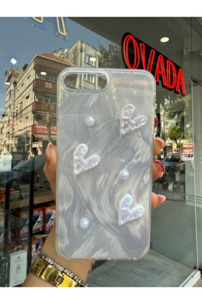 OVADA iPhone 7 Plus/8 Plus Uyumlu Kamera Koruma Çıkıntılı Kalpli İncili Premium Pinterest Kılıf
