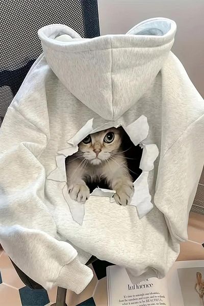 Oksit Caty Cat Back Printed Unisex Sweatshirt with Cotton Inside