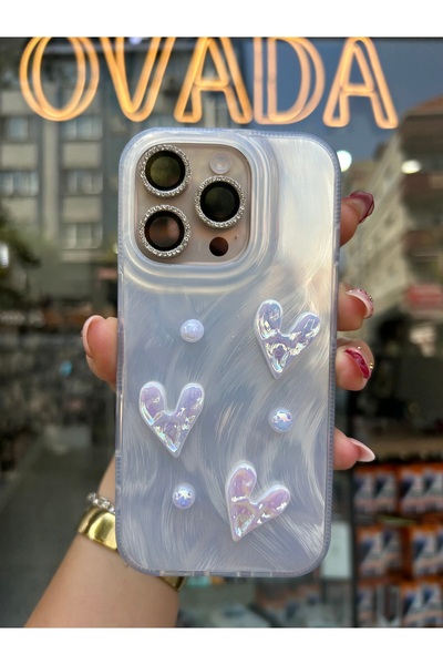 OVADA iPhone 14 Pro Max Uyumlu Kamera Koruma Çıkıntılı Kalpli İncili Premium Pinterest Kılıf