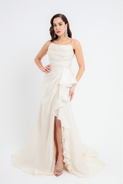 meksila kadın ip askılı uzun kloş etkli ön arka volan detaylı etek yırtmaçlı ...