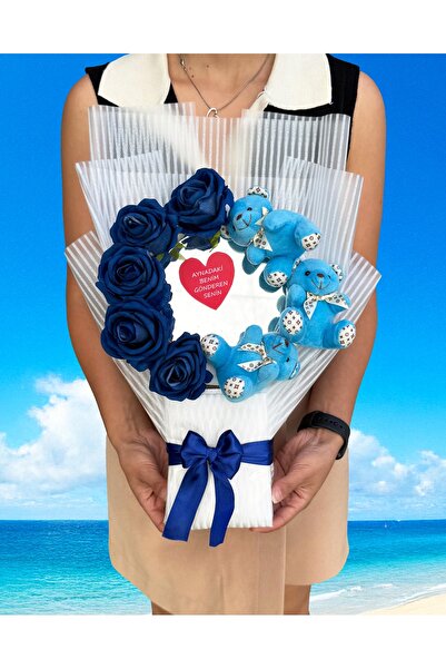 lenostra Aynalı Çiçek Buketi - Mavi Ayıcık ve Lacivert Güller - Kız Arkadaşa Hediye - Aynalı Buket