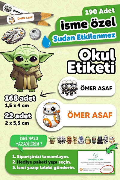MSticker Okul Etiketi Kalem Defter isimli Etiket Isim Yazılabilen Star Warss ...