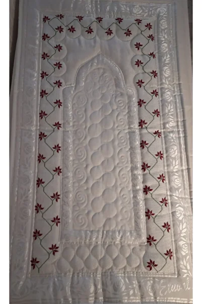 Vinezza Home Collection Red Flower Motif Machine Embroidery Etamine Fabric Single Prayer Rug